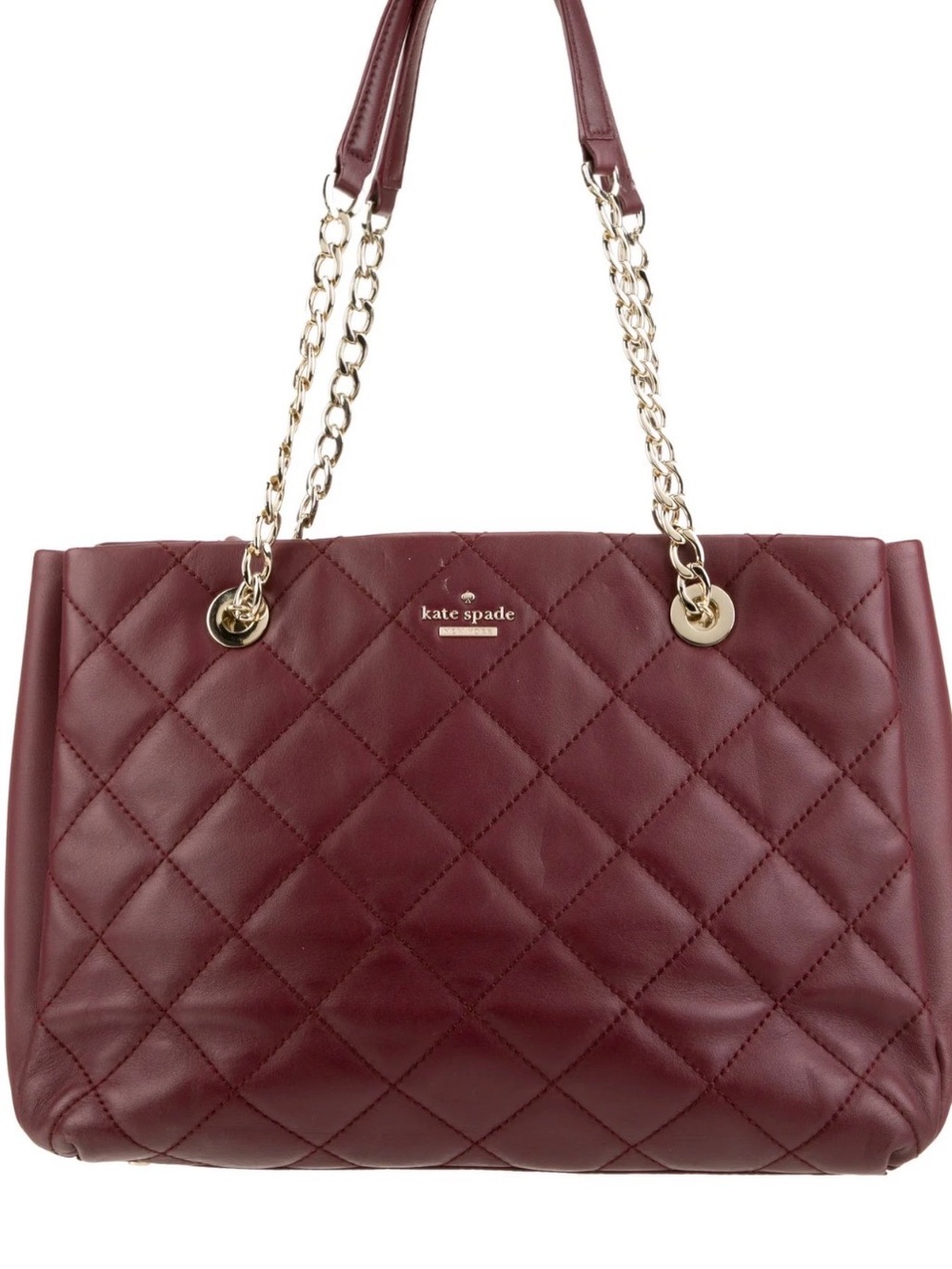 kate spade Quilted Leather Shoulder Tote in Burgundy with Gold Chain Handles